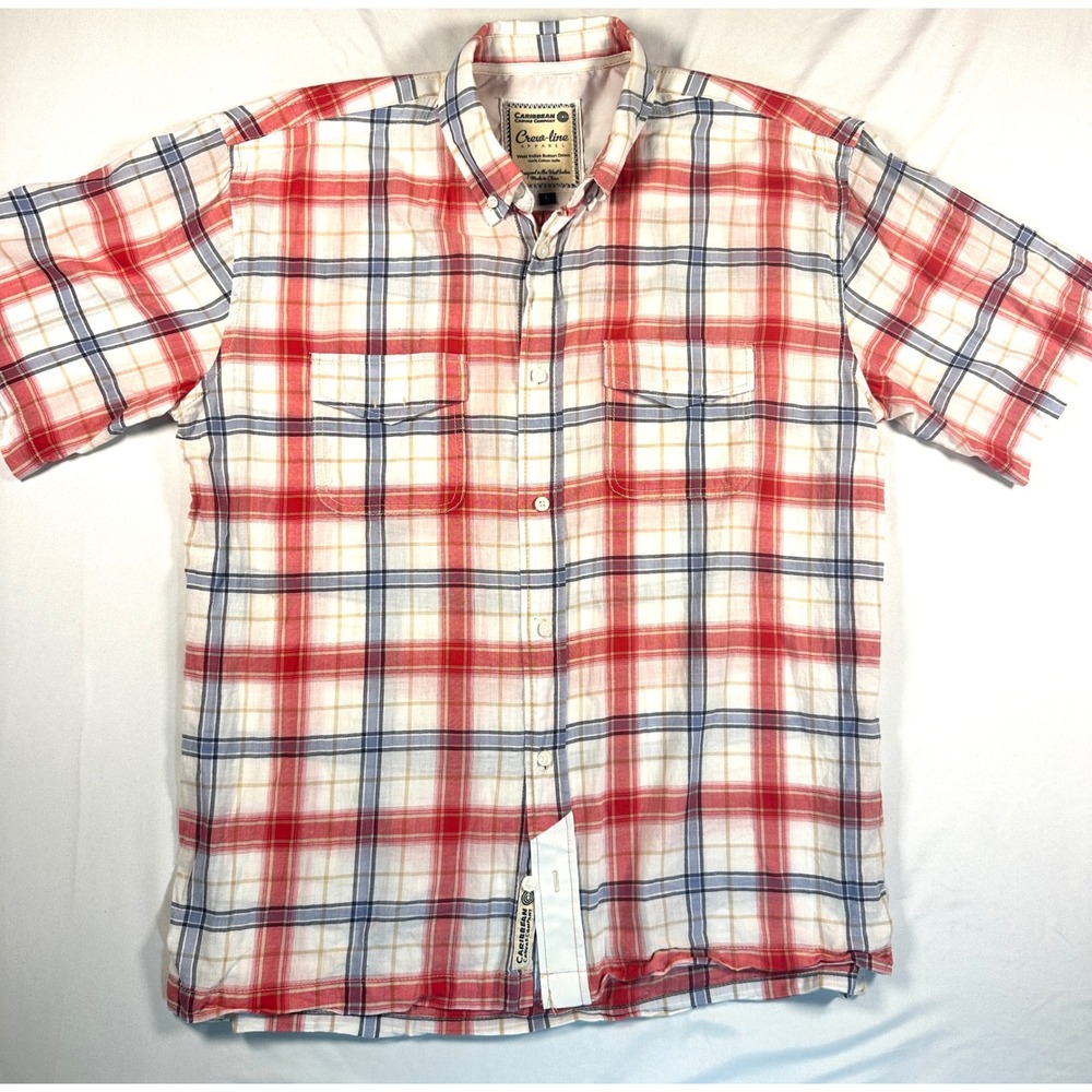Caribbean Canvas Co Crew-line Mens Large Red Plaid Cotton Voile SS Button Down